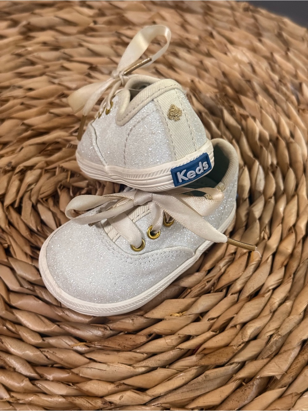 Keds Baby Glitter Lace-Up Sneakers in White with Gold Accents